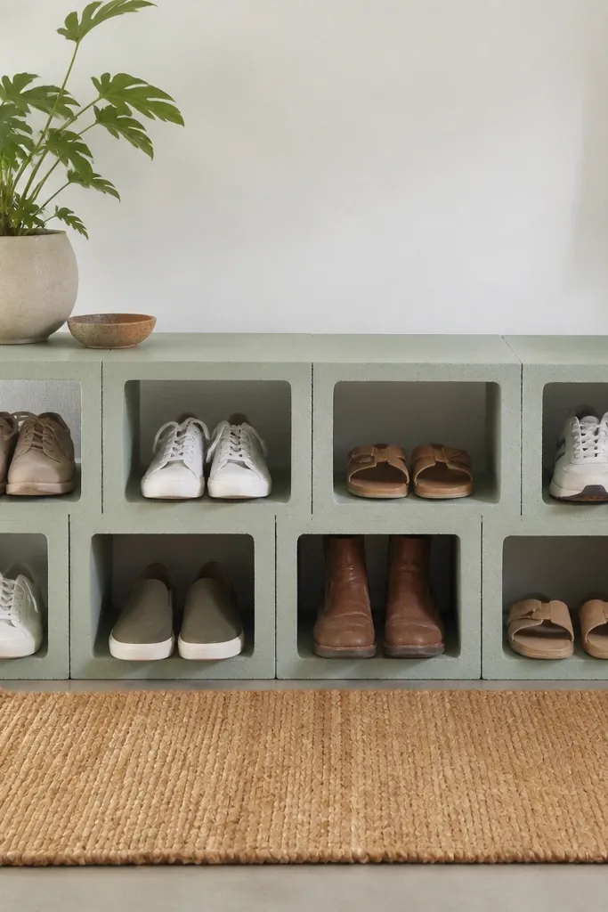 A shoe organizer made from two rows of staggered cinder blocks painted a soft matte color. Shoes sit in the open block cells, and a small doormat sits in front.