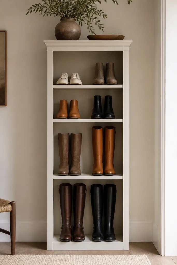A narrow bookcase with open compartments where doors used to be. Shoes are arranged by height, and the remaining frame has a clean painted finish.