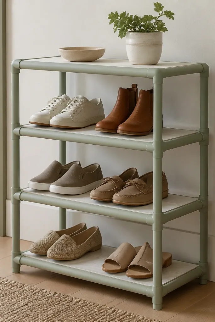 A small freestanding shoe rack made with painted PVC frames and flat shelves. The PVC is painted a soft sage, and the shelves are white-washed wood.