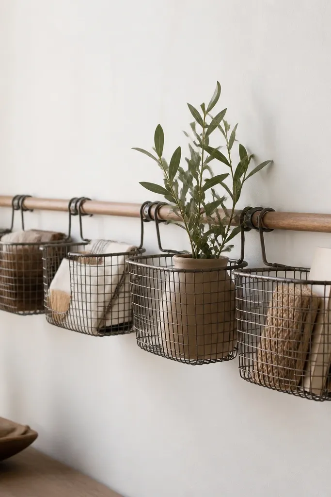 A row of small wire baskets mounted on the wall. Each basket sits on a dowel rail, and the wall behind is painted off-white.