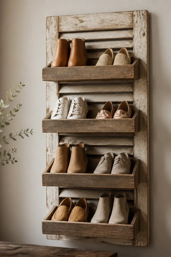 A repurposed window shutter leaned or mounted on the wall with four horizontal wooden tiers attached. Shoes sit in each tier, and the shutter slats show through behind.