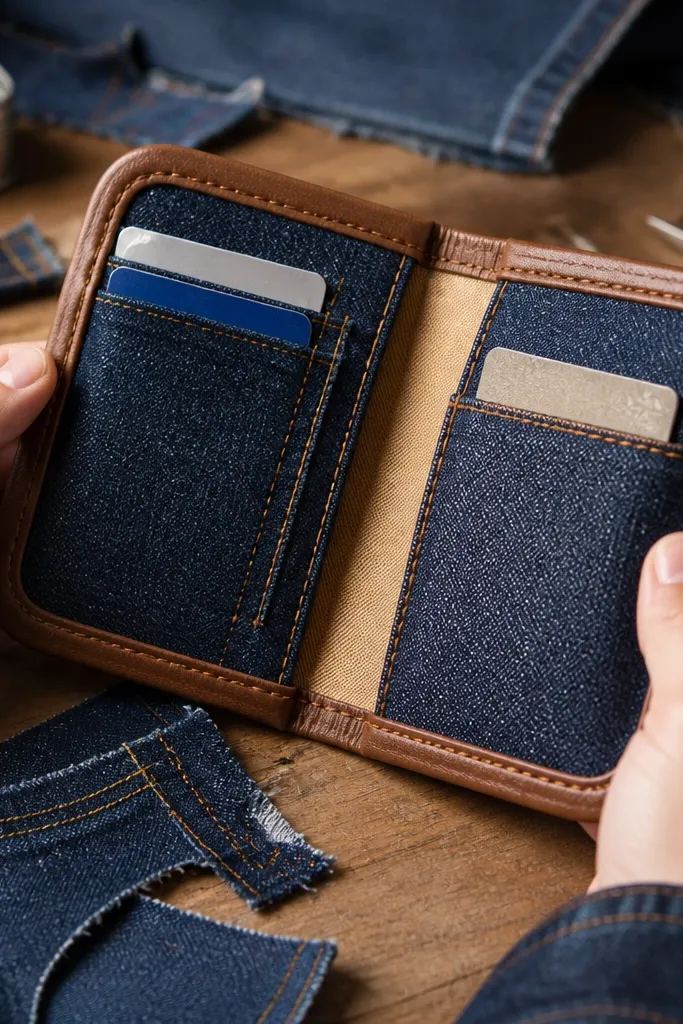 Dark denim Altoids wallet with brown stitched border and tan card lining