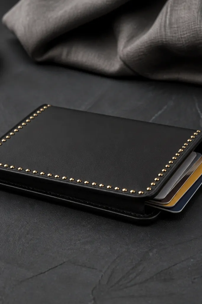Matte black vinyl Altoids wallet with small gold studs along the edge