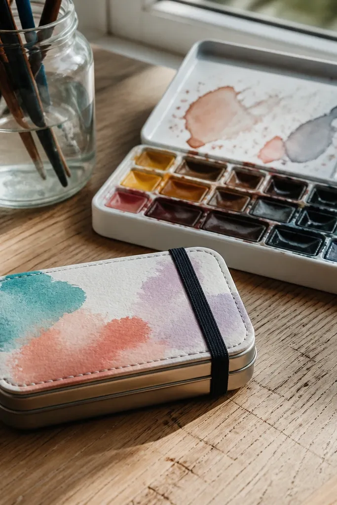 Watercolor-pattern Altoids wallet with sealed glossy surface and simple interior lining