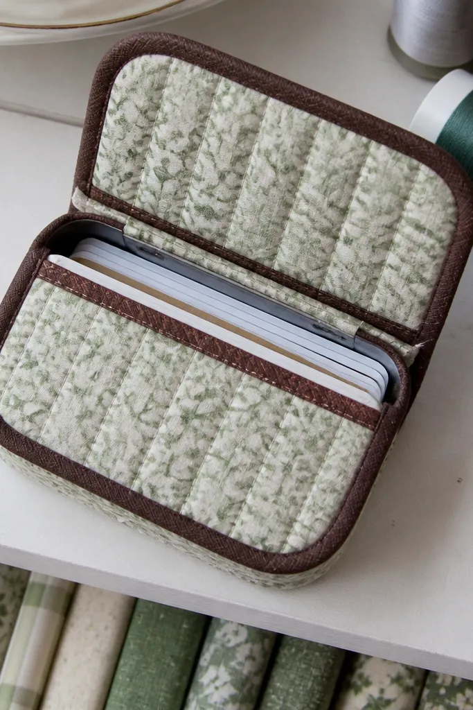 Quilted cotton Altoids wallet with narrow piping around the edges