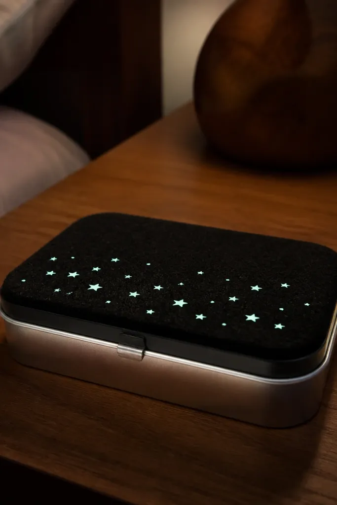 Black felt Altoids wallet with glow-in-the-dark star decals and dark interior