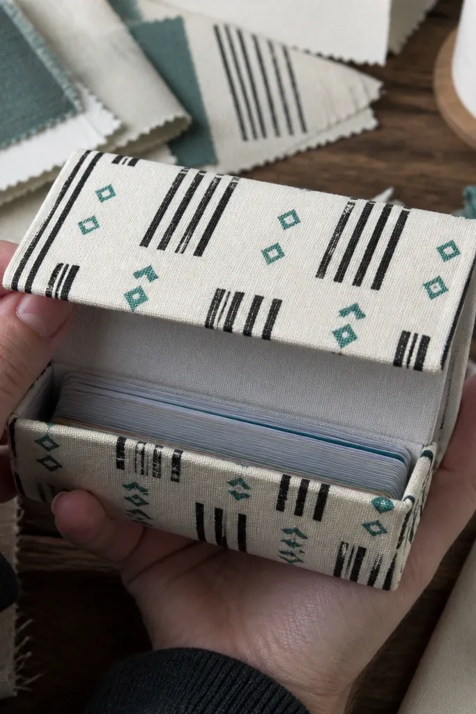 Fabric screen-printed Altoids wallet with repeating geometric pattern