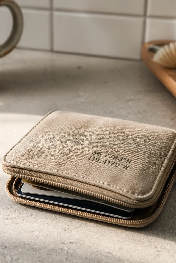Washed canvas Altoids wallet with small stenciled coordinate text