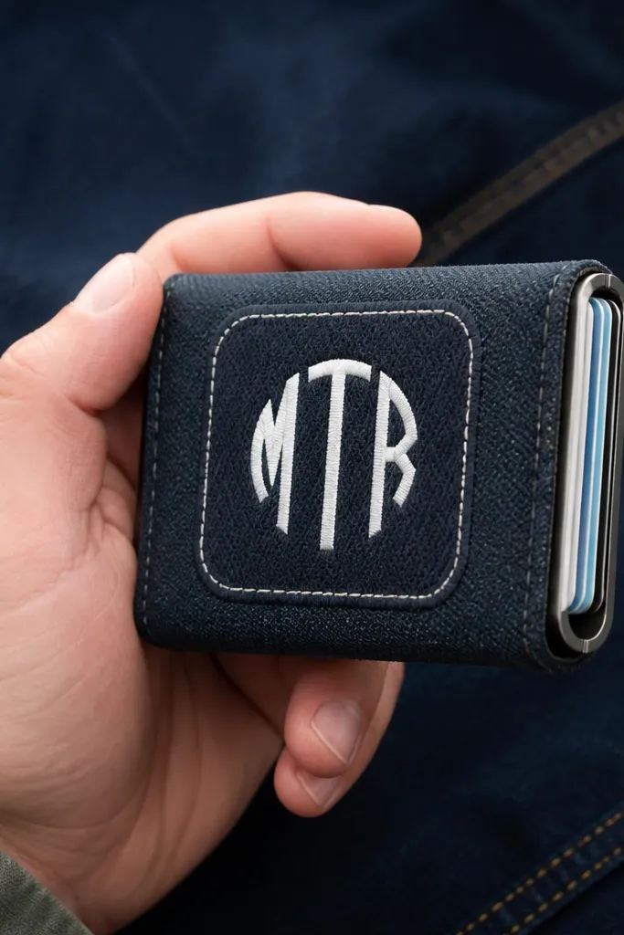 Fabric Altoids wallet with bold monogram patch and clean border