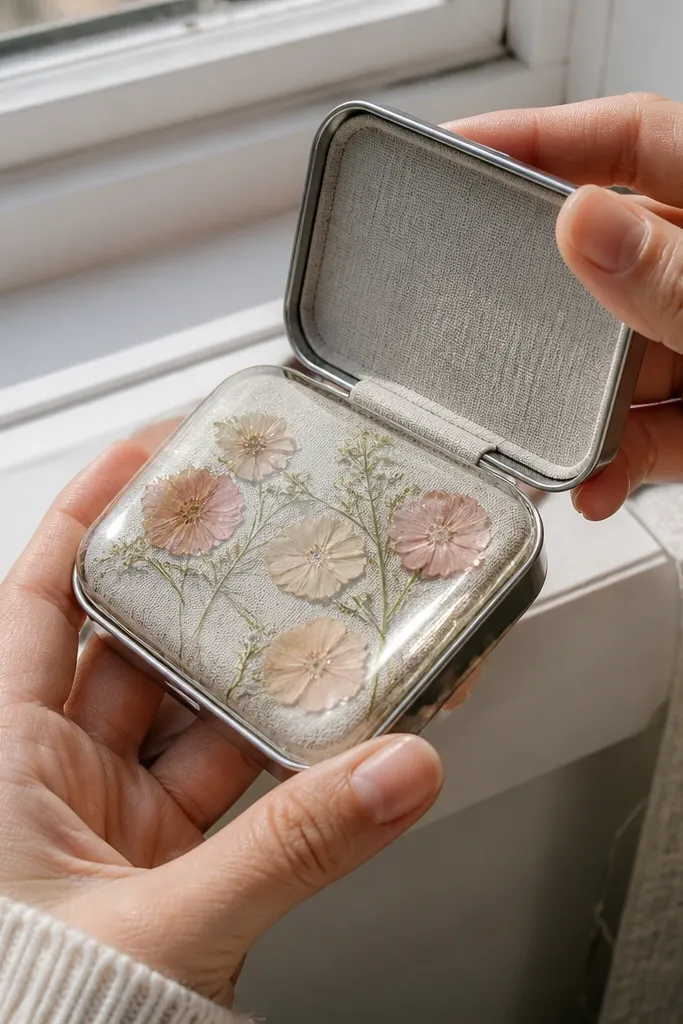 Pressed flowers sealed under clear outer layer on an Altoids wallet