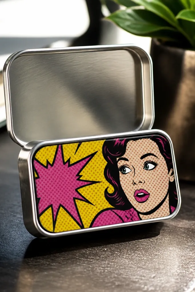 Pop-art comic panel Altoids wallet with bold halftone dots and black outlines