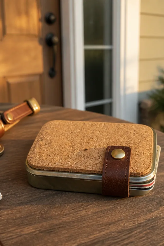 Cork Altoids wallet with a small leather strap and button closure