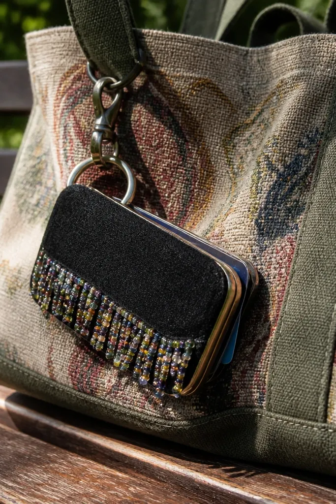 Altoids wallet with bead fringe detail on the front and a small keychain loop