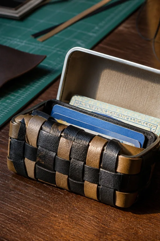 Faux leather strip weave Altoids wallet with neat crisscross front