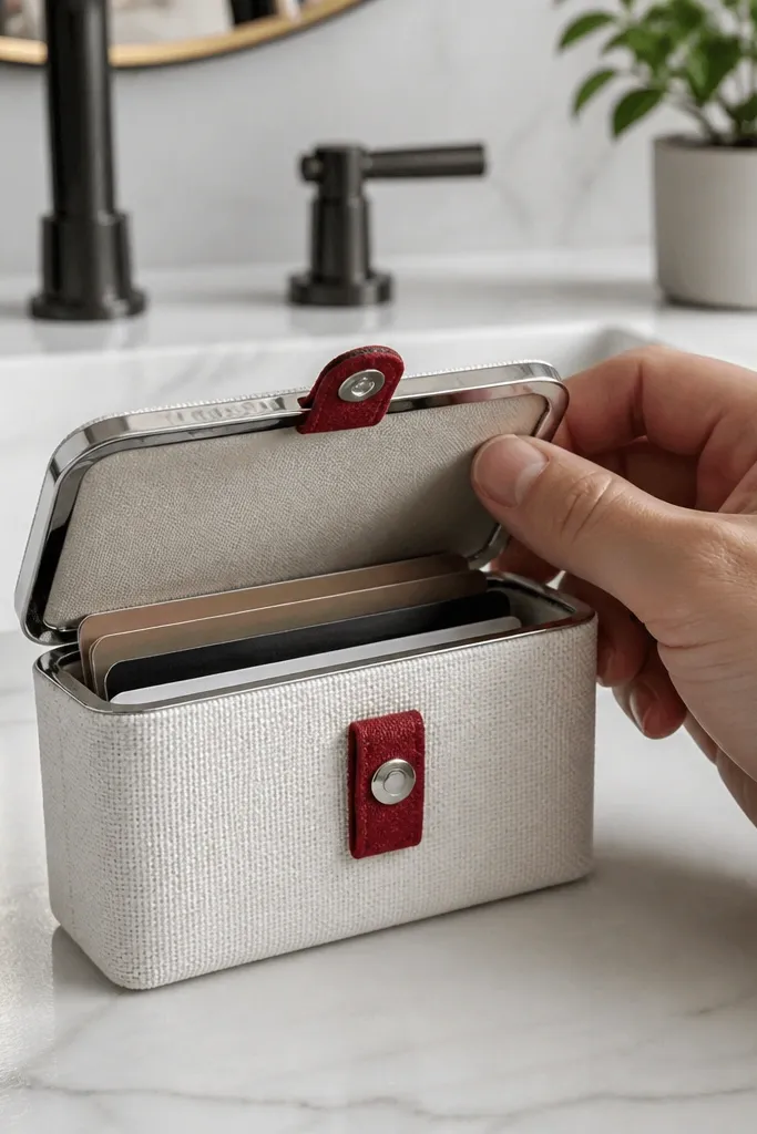 Minimal white canvas Altoids wallet with red snap label on the front