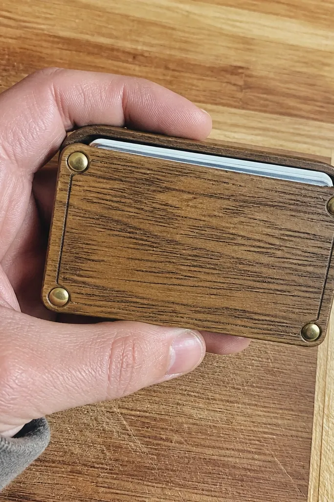 Woodgrain contact paper Altoids wallet with small faux rivets on corners
