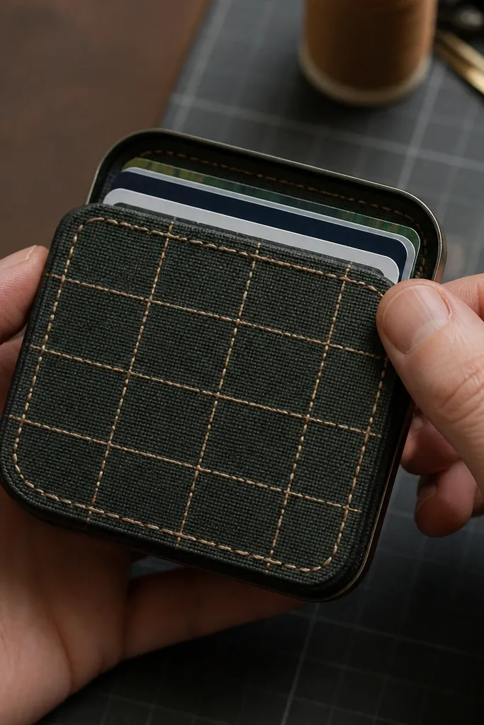 Fabric Altoids wallet with stitched grid lines and contrast thread border