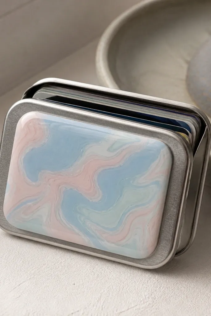 Pastel marbled polymer clay plaque on an Altoids wallet front with plain fabric backing