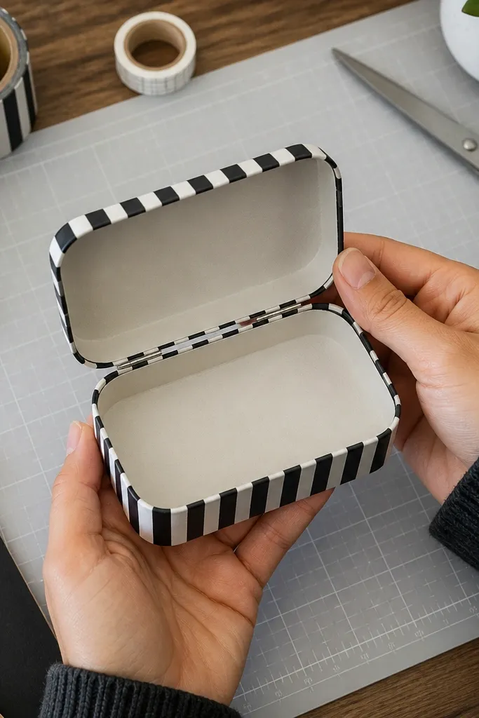 Monochrome striped washi tape Altoids wallet with neat layered tape edges