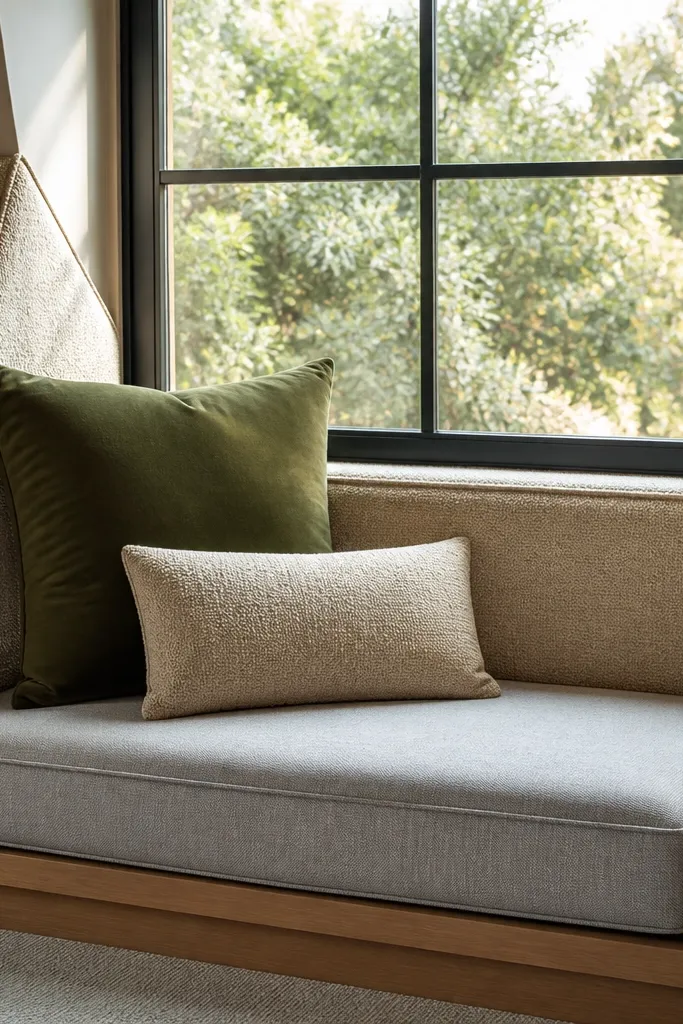 Bay window seat with white frame and upholstered side panels in warm fabric