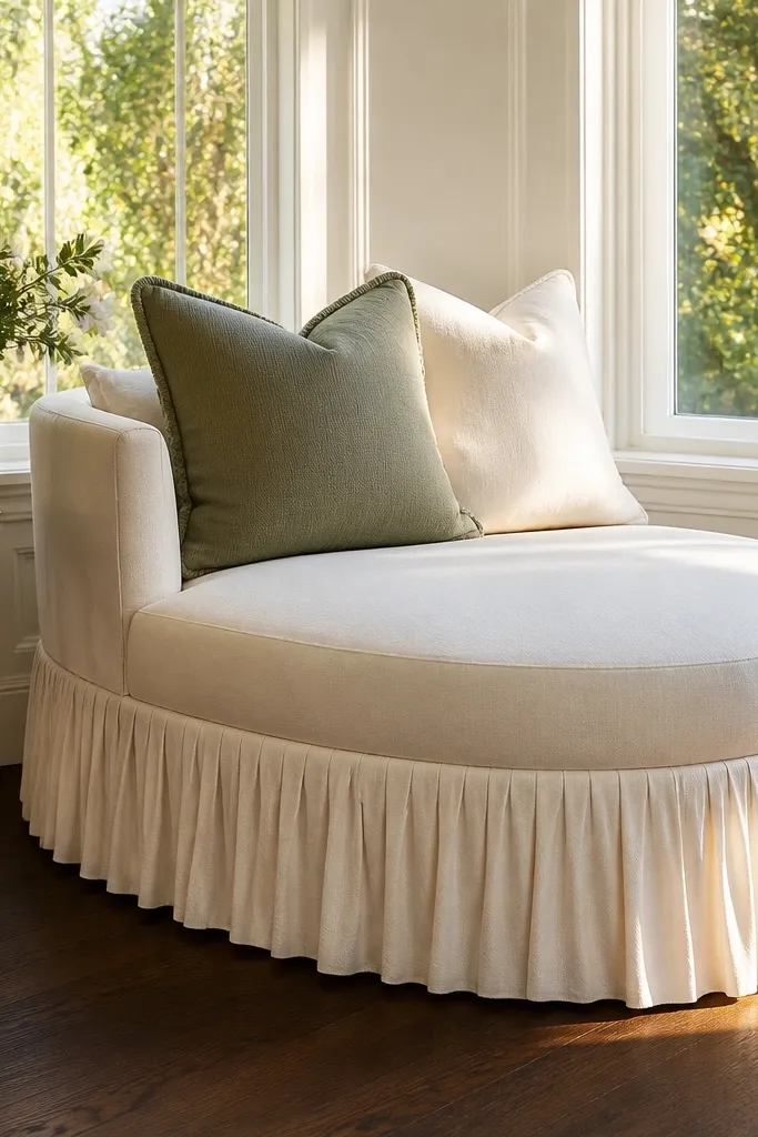 Bay window seat with slipcovered cushions and a pleated skirt