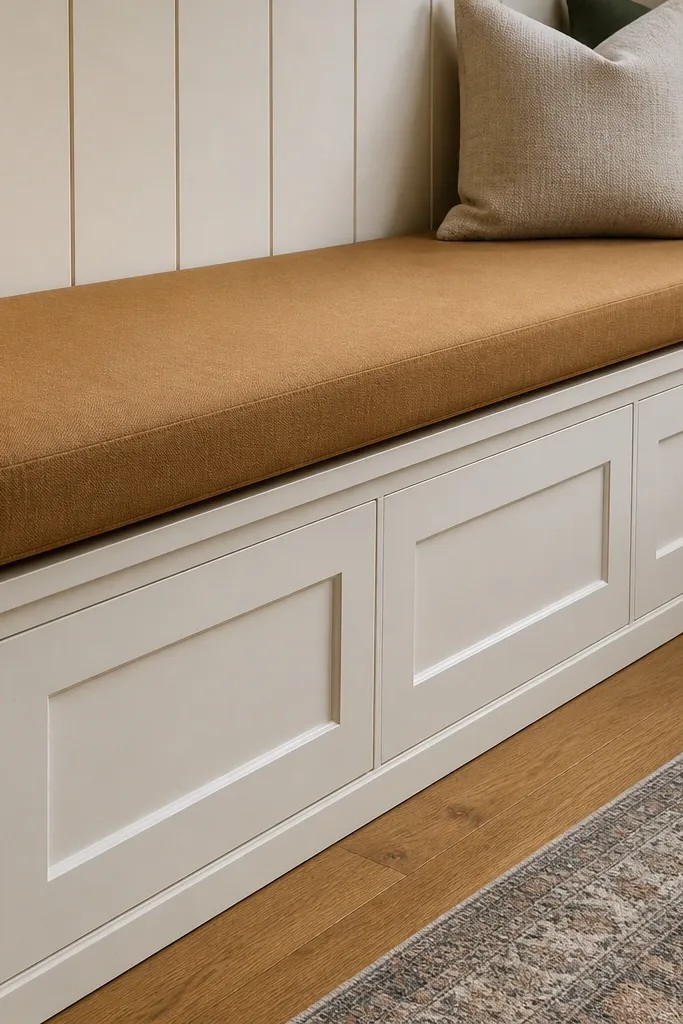 Bay window bench with hinged cushion top and fabric-wrapped front edge