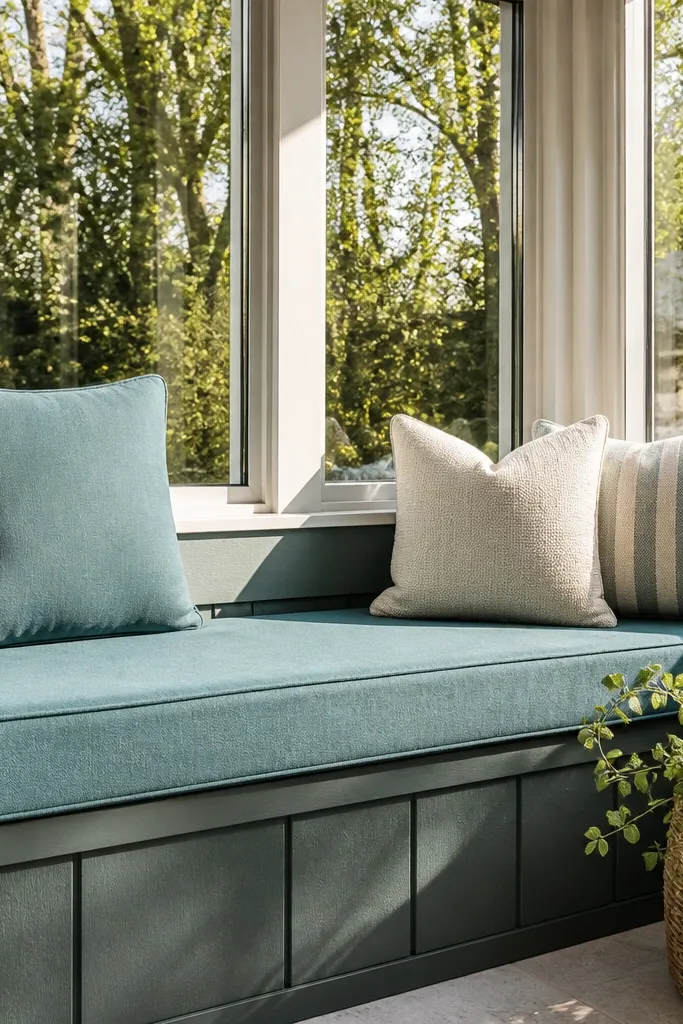 Bay window seat with outdoor-fabric cushions and removable zip covers