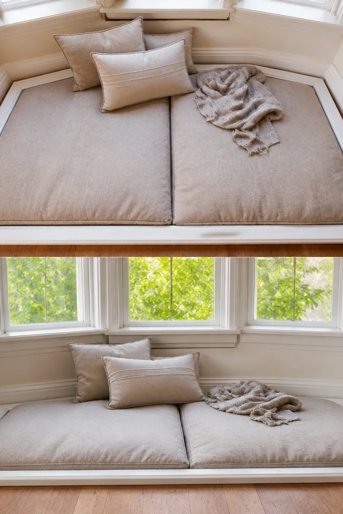 Bay window seat using floor cushions with a trim border along the walls