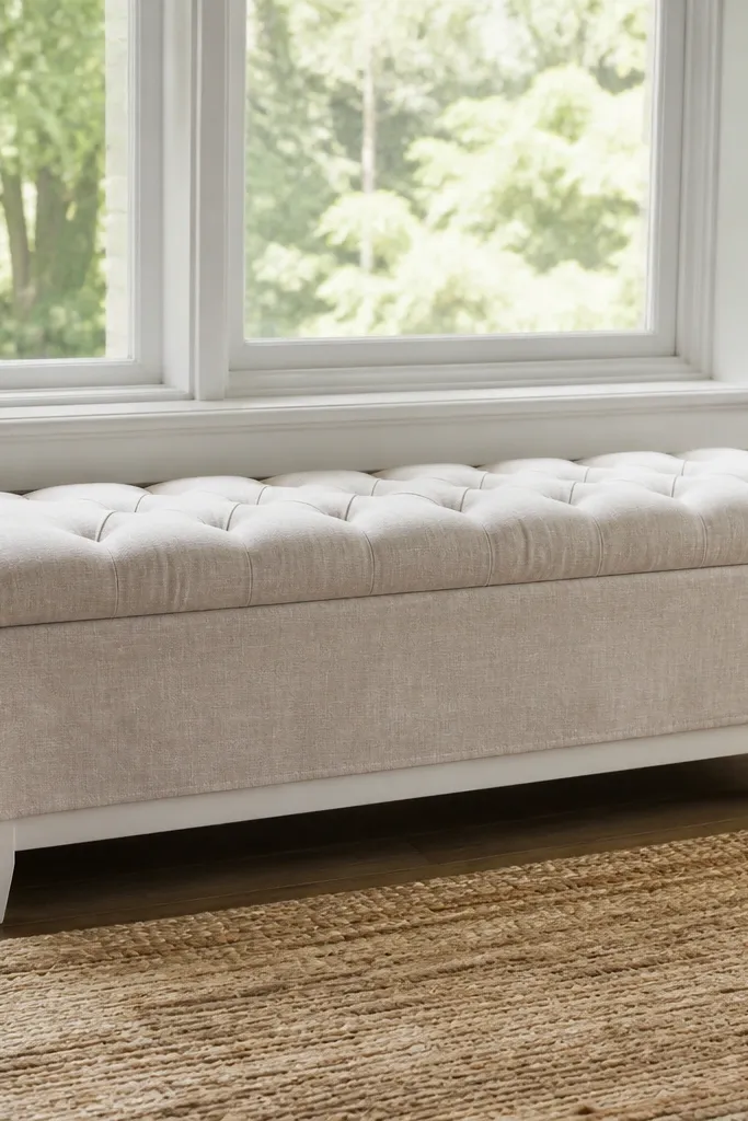 Bay window seat with tufted linen cushion and straight skirt