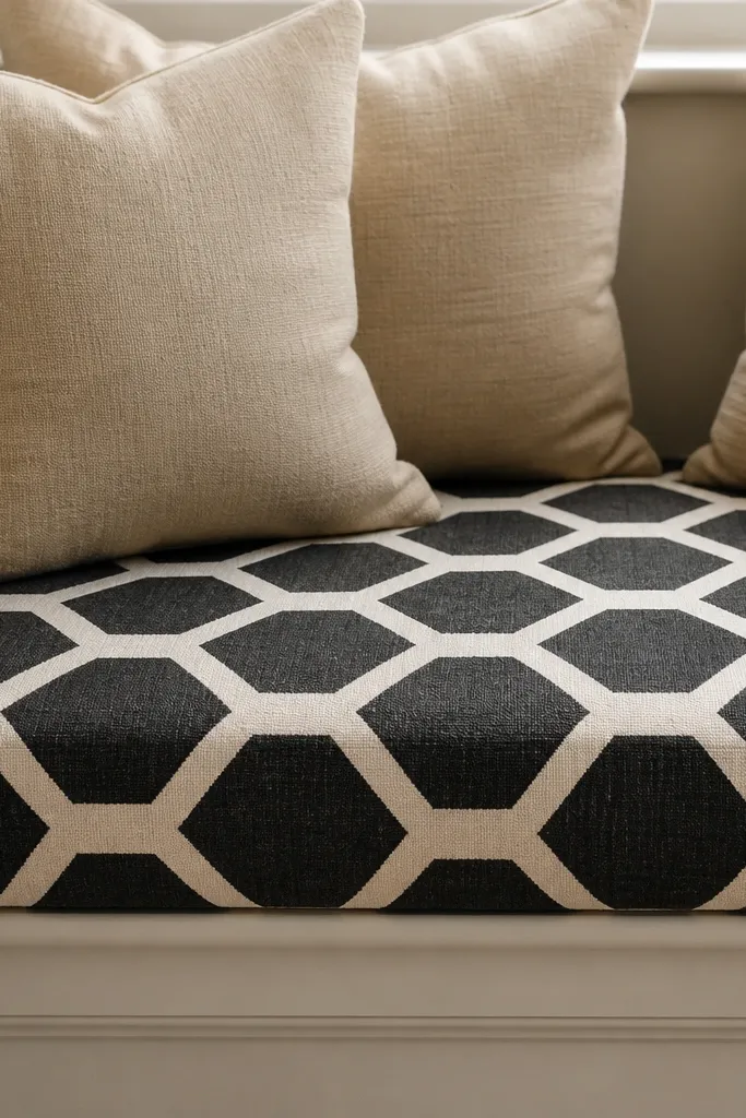 Bay seat cushions with a hex-panel pattern and solid back pillows