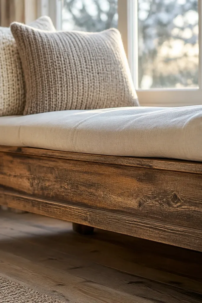 Bay window bench with weathered wood base and knit pillows