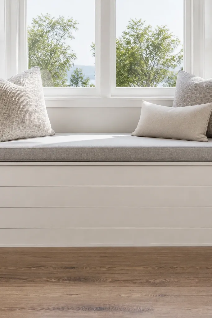Bay seat with paneled front and clean cushion top