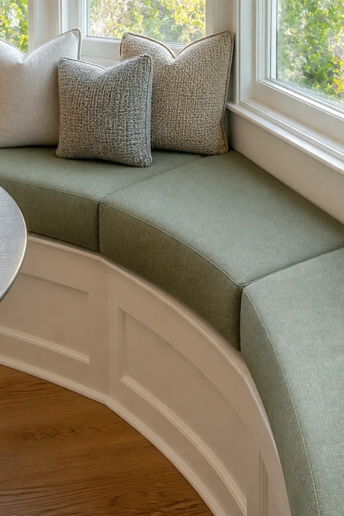 Bay seat with smooth rounded corners and corner wedges under cushions