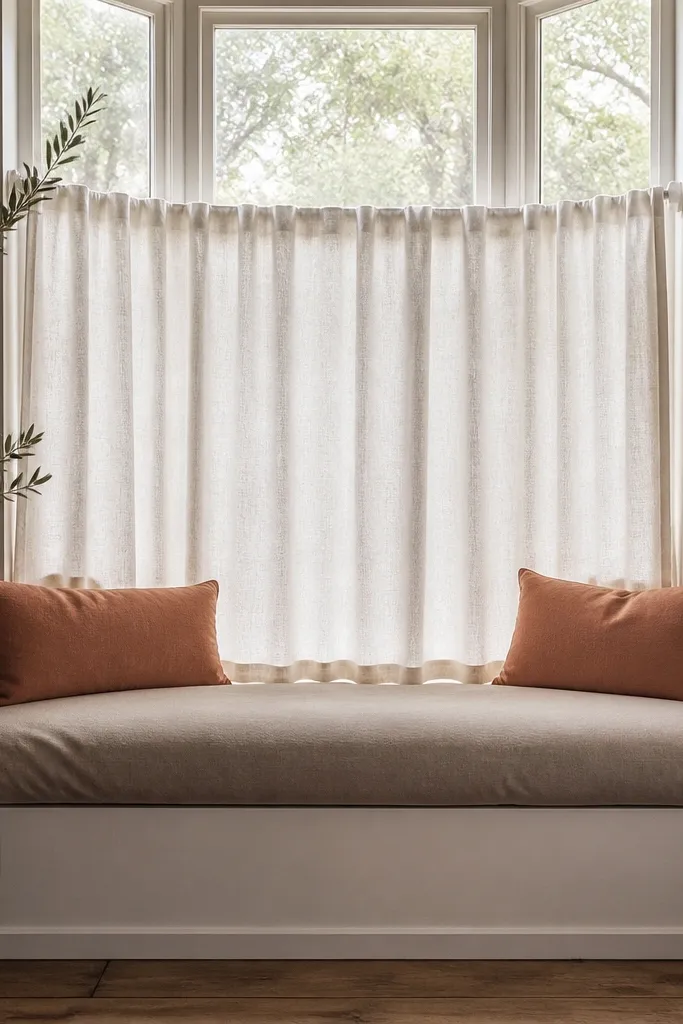Bay window seat with a soft curtain panel behind pillows