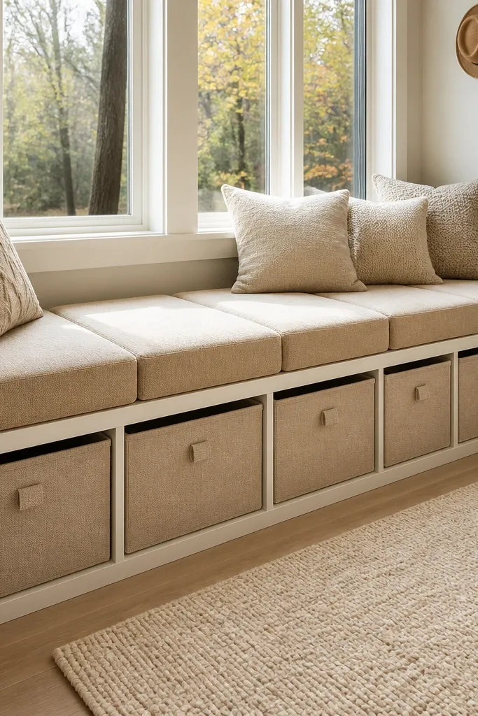 Bay seat with modular cushion blocks and matching fabric storage cubes