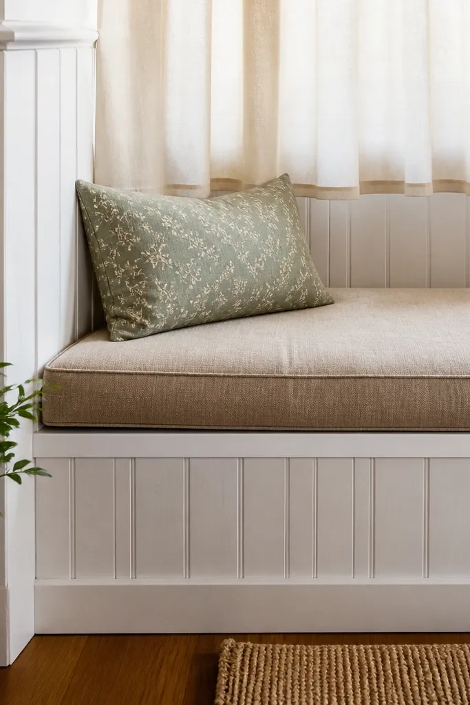 Bay window seat with beadboard panel and curtain behind it
