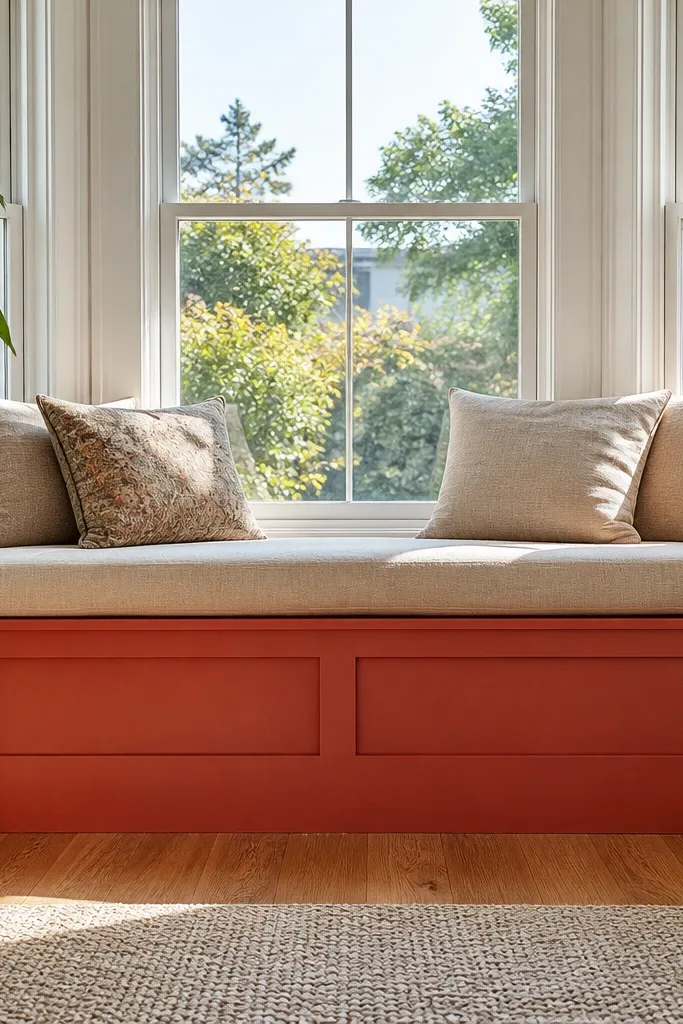 Bay seat with painted front in one bold color and neutral cushions