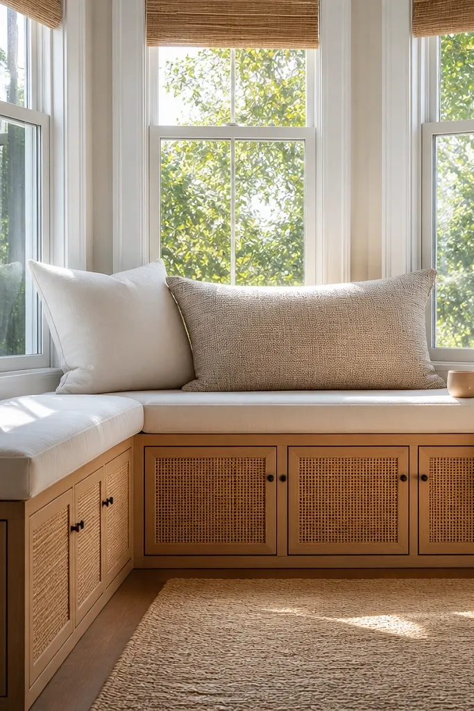 Bay seat with simple cushions and cane-style side storage panels