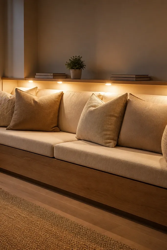 Bay window seat with a small shelf above and warm lamp lighting effect