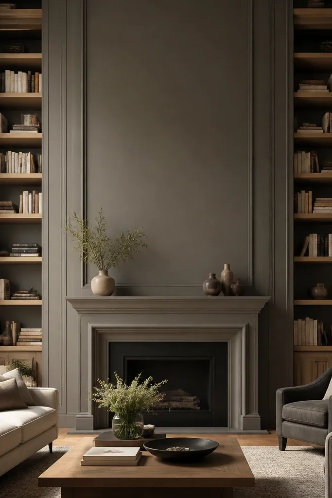 White built-in shelves framing a fireplace with equal left and right book bays