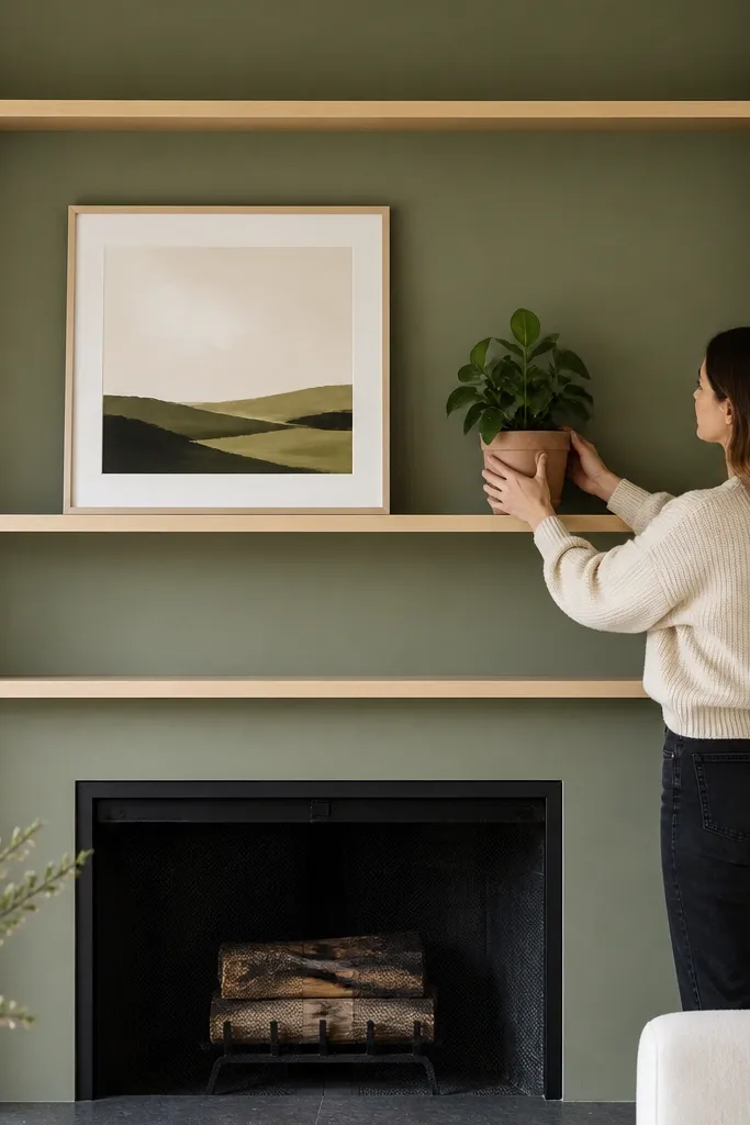 Light wood shelves with thin ledges and tall side panels around a fireplace