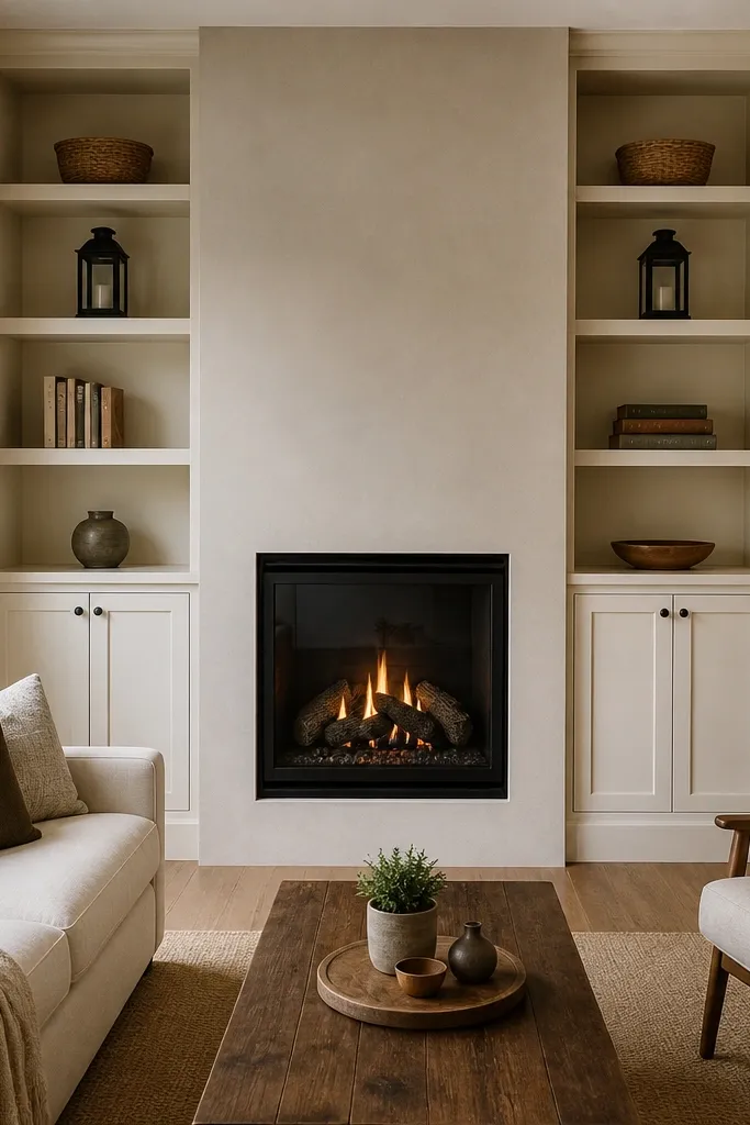 Built-in shelves with open book sections and shaker cabinet doors below a fireplace