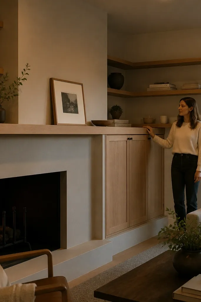 Shelving wraps around a corner fireplace with continuous shelves and a corner cabinet