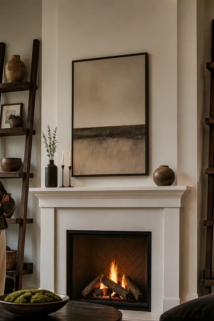 Tall built-in ladder shelves above and beside a fireplace in a painted wall