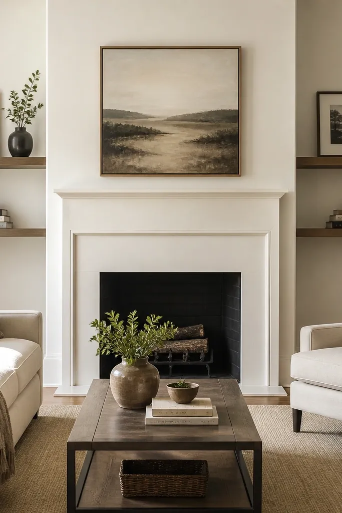 Symmetrical shallow picture-ledge shelves flanking a centered mantel
