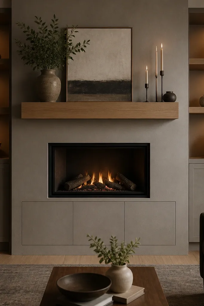 Fireplace mantel with a media niche below and shelves on both sides