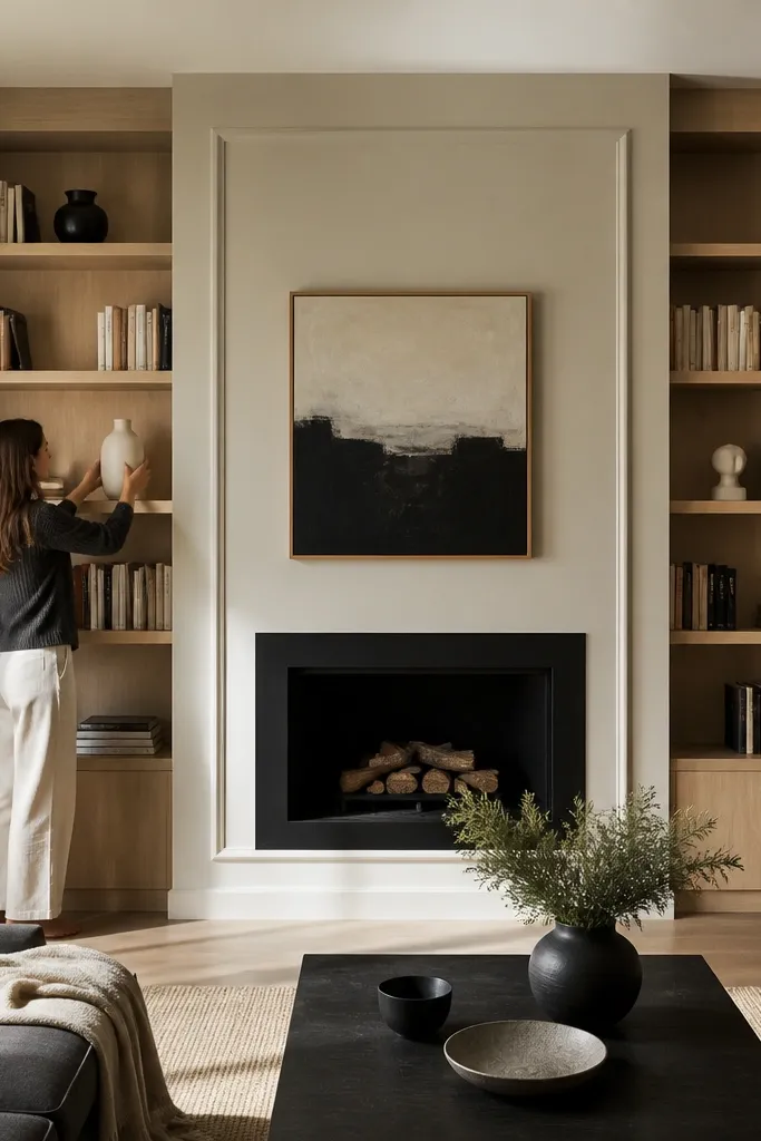 Fireplace recessed into a raised center panel with bookshelves spanning both sides