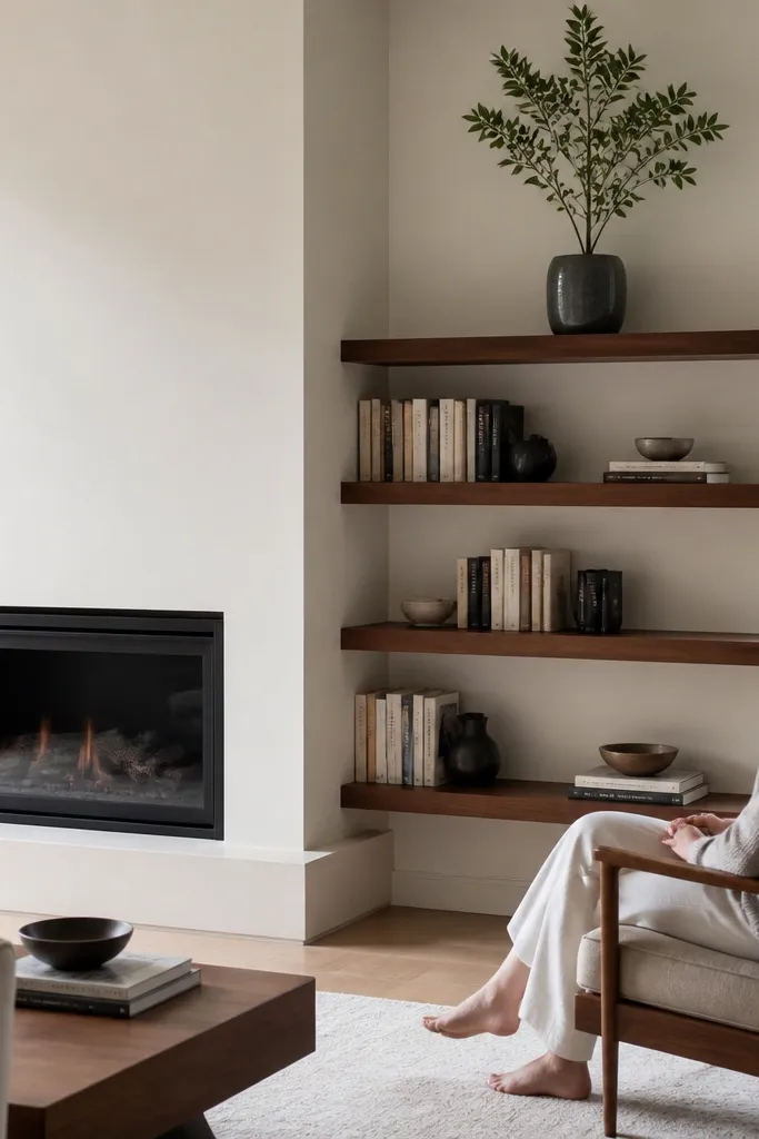 Floating shelves on one wall with a vertical column framing a fireplace