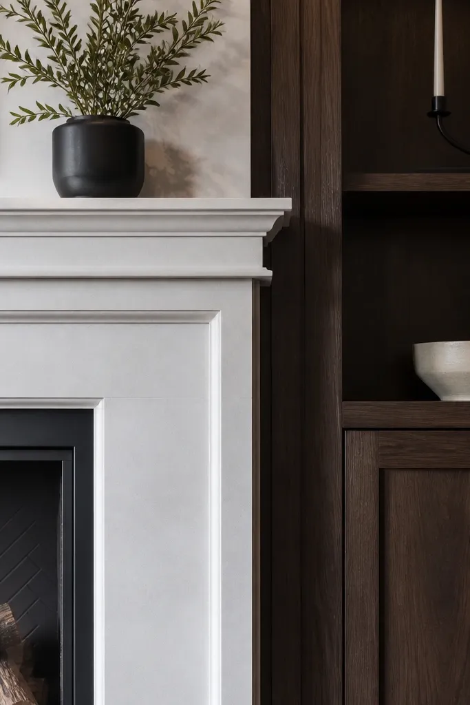 Light painted fireplace with dark framed shelves and clean trim lines