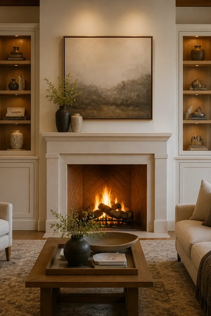 Fireplace with tall built-in cabinets and glass doors on the upper sections